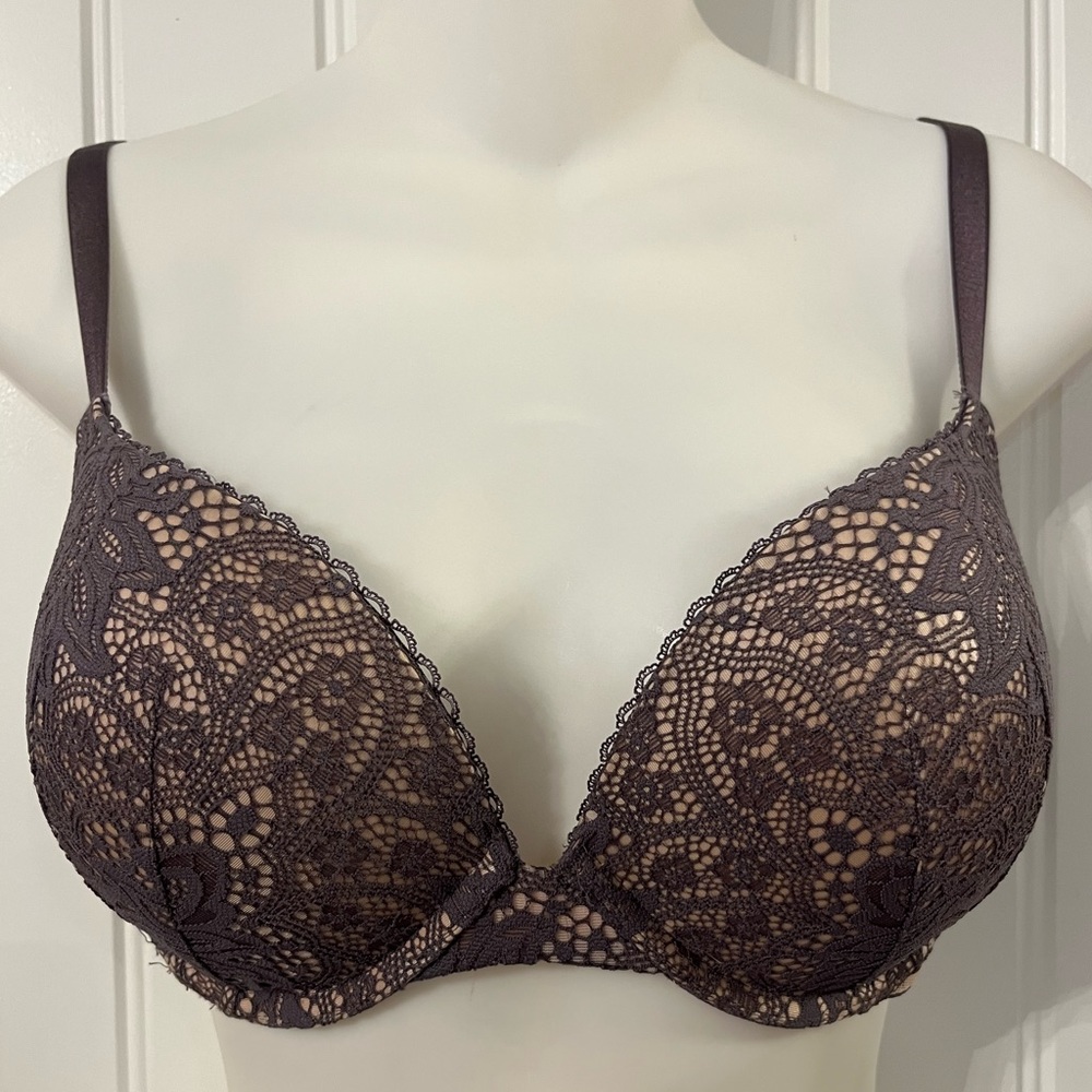 Victoria's Secret Very Sexy Push Up Lace Bra Gray & Rose Beige Underlay 34D SEXY